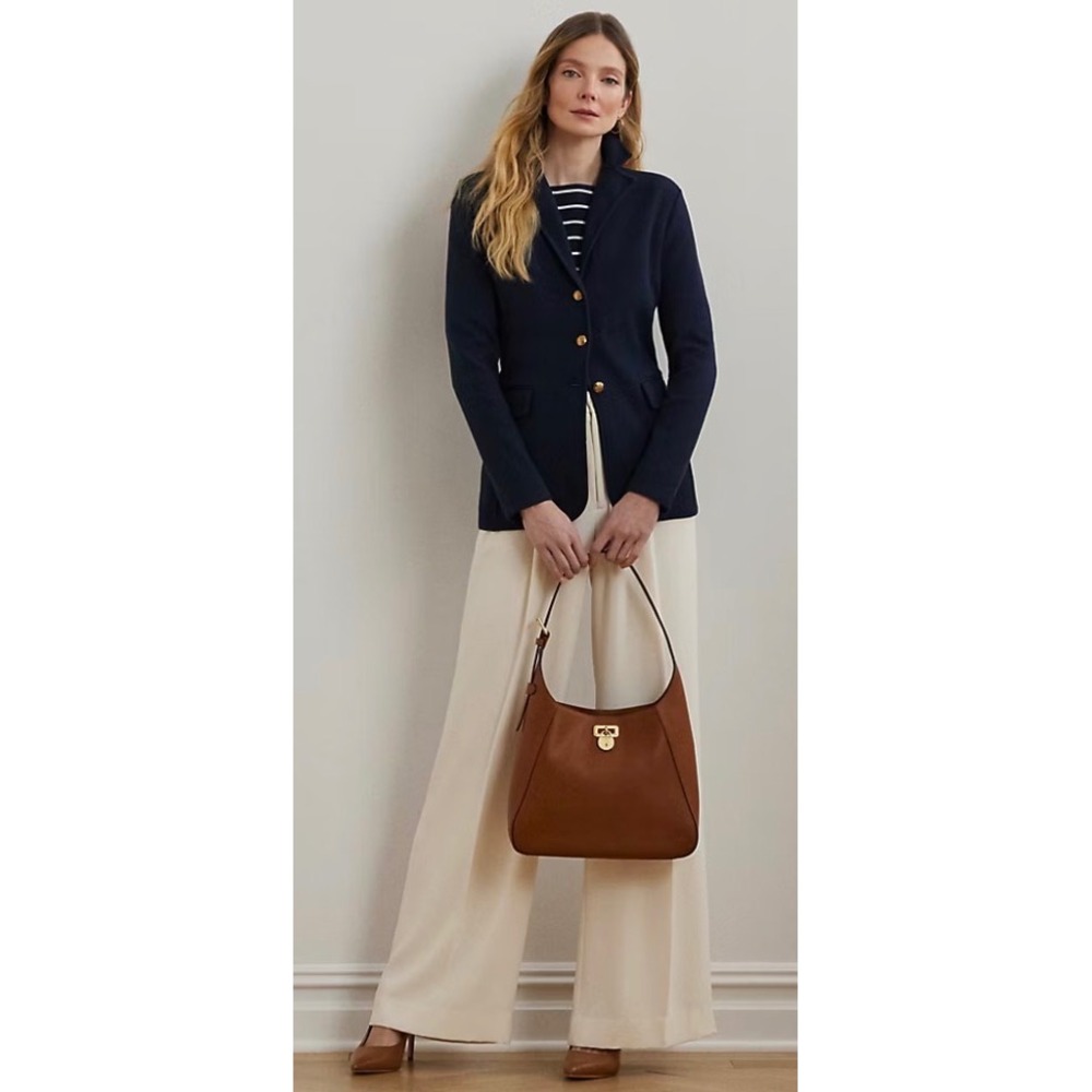 Lauren Ralph Lauren Navy Blue Knit Blazer Gold Crest Buttons XL Cotton Blend